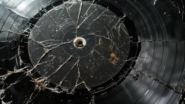 This video shows a broken vinyl record with visible cracks. It symbolizes nostalgia and the fragility of music. Ideal for creative and artistic purposes. Generative AI