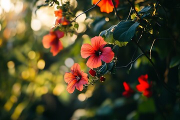 Vivid red flowers in bloom on a tropical plant among green foliage.