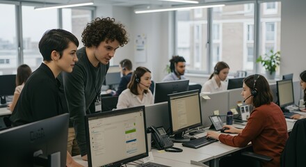 Diverse group of colleagues collaborating and communicating in a modern office environment, utilizing technology for seamless teamwork and efficient operations