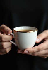 Hand holding an elegant ceramic cup with a gold rim, perfect for coffee, tea, or product mockups. Captures a cozy, sophisticated lifestyle moment, ideal for branding and beverage concepts