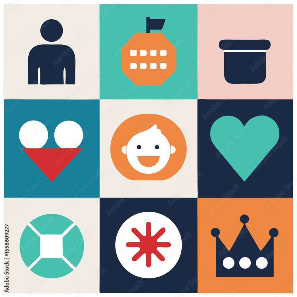 Poster colorful grid of minimalist icons representing abstract concepts and symbols