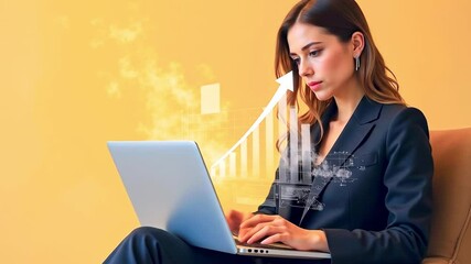 Businesswoman working on a laptop with growth graph overlay in a modern office setting - Powered by Adobe
