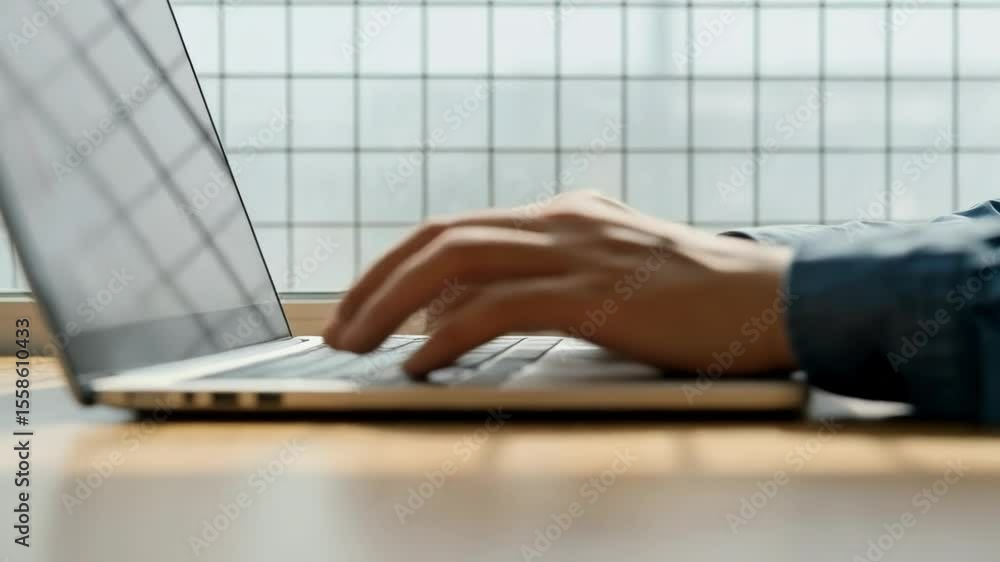 Aufkleber man types on a laptop at a desk near a window in an office setting