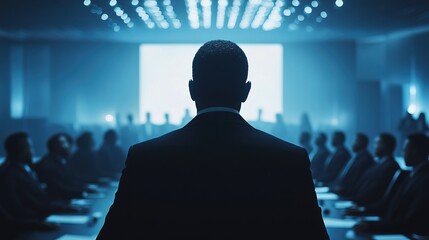 Atmospheric Back View of Speaker Addressing Business Meeting in Blue Tones