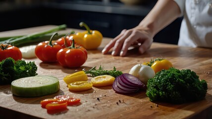A chef preparing fresh vegetables on a wooden cutting board in a professional kitchen setting indoors