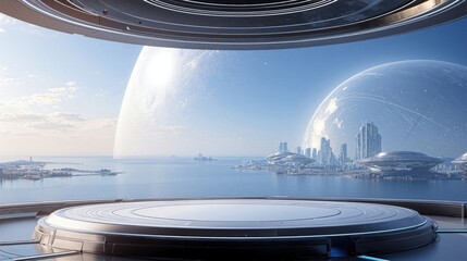 Futuristic cityscape with advanced technology and space elements.