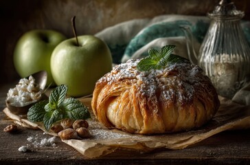 Freshly Baked Pastry with Mint Garnish and Green Apples on Rustic Wooden Table Surrounded by Ingredients for a Delicious Dessert