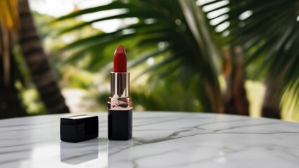 Vibrant Red Lipstick on Marble Table Surrounded by Lush Greenery