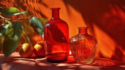 Vibrant Glass Bottles with Citrus Fruits and Green Leaves in Warm Lighting