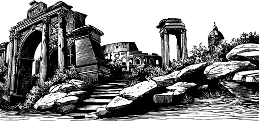 Fototapeta premium Ancient roman ruins with aqueduct fragments and amphitheater sketch for design