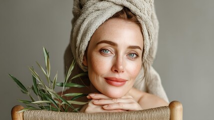 Natural Skincare Beauty Portrait of Caucasian Woman with Towel and Green Leaves
