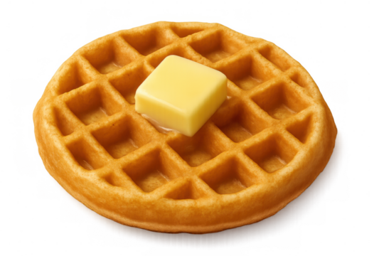 Crispy golden waffle dripping with melted butter, sitting on transparent surface