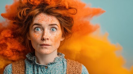 Stunning Portrait of a Surprised Young Woman with Vibrant Color Explosion Background