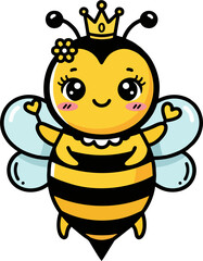 Cute Queen Bee Cartoon – Adorable Flying Bee with Crown and Heart Gesture for Kids and Nursery Art