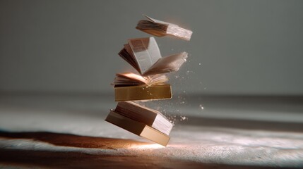 Captivating Image of a Stack of Books with Flipping Pages Suspended in Air - Perfect for Literary and Educational Themes