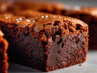 Freshly Baked Rich Chocolate Brownie with Flaky Sea Salt Topping on Rustic Surface Perfect for Dessert Lovers and Pastry Enthusiasts