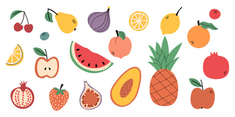 A set of fruits drawn in a flat style. A fruity collection of healthy organic piyani. Watermelon, pineapple, peach, pomegranate, blueberry, cherry, apple, lemon