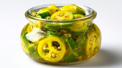 Pickled banana peppers in clear jar, yellow-green slices, white backdrop, zesty flavor, clean presentation, studio lighting