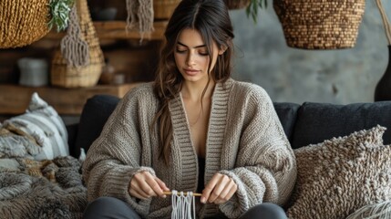Young Woman Crafting Home Decor in Cozy Bohemian Setting with Macrame Supplies