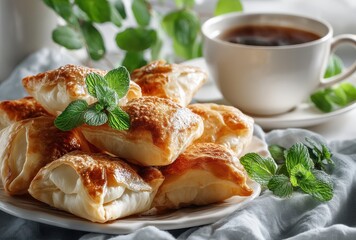 Freshly Baked Savory Pastries Garnished with Mint Leaves Next to a Cup of Coffee on a Soft Tablecloth Setting in a Cozy Atmosphere