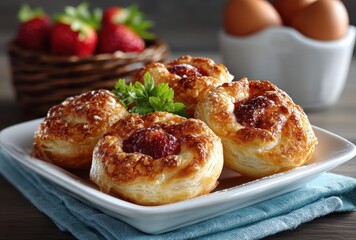Freshly Baked Strawberry Cream Pastries Served on a White Plate with Mint Garnish and Eggs in Background, Perfect for Breakfast or Dessert