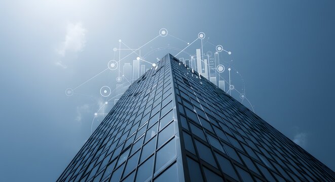 Modern skyscraper with futuristic data visualization overlay representing corporate growth, financial analytics, and global business network technology.