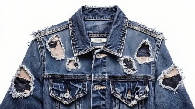 Trendy ripped denim jacket showcasing unique style and comfort. A must-have for fashion lovers. Ideal for enhancing your casual outfits. Generative AI
