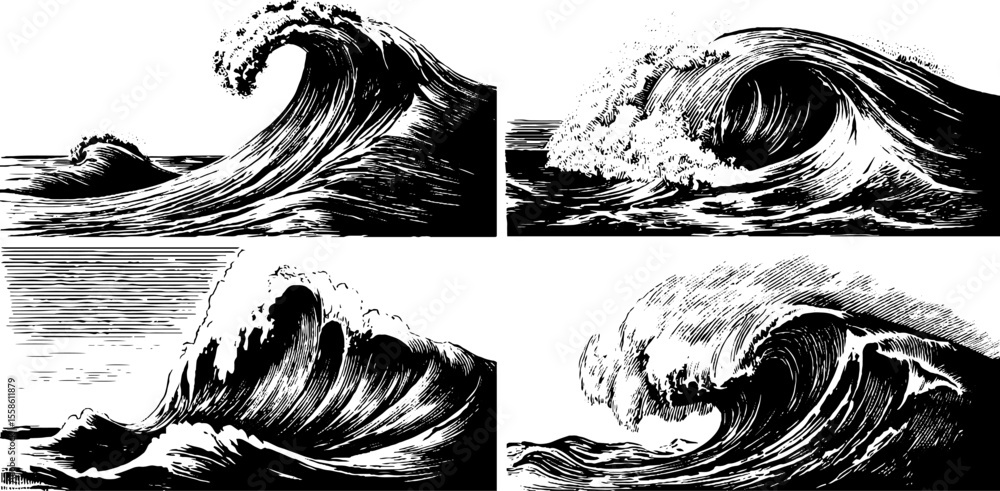 Poster dynamic set of tidal waves and tsunamis in vintage hand drawn style for design