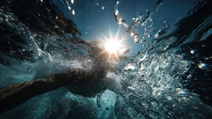 Stunning Underwater Point of View of a Freediver Swimming Toward the Surface in Crystal Clear Ocean Waters