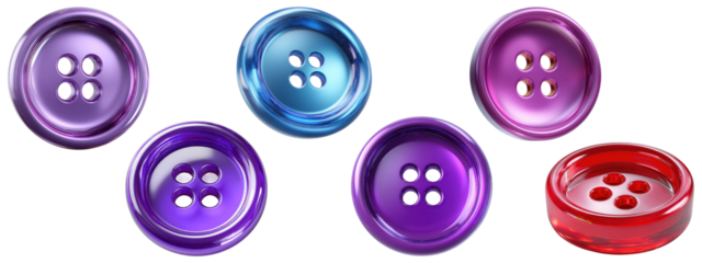 Glossy round sewing buttons in purple, red, and blue colors
