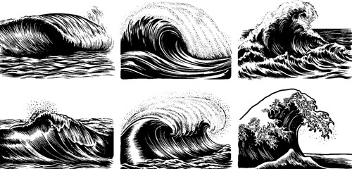 Fototapeta premium Vintage engraving of tidal waves and powerful tsunamis - retro water illustration for design projects