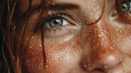 Close up of woman s face covered in water