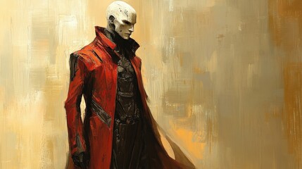 Dramatic Sci-Fi Character in Red Coat with Futuristic Design and Bold Strokes