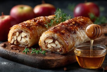 Freshly Baked Sweet Pastries with Almonds and Honey Drizzled on Wooden Board Surrounded by Red Apples and Fresh Herbs for Culinary Inspiration