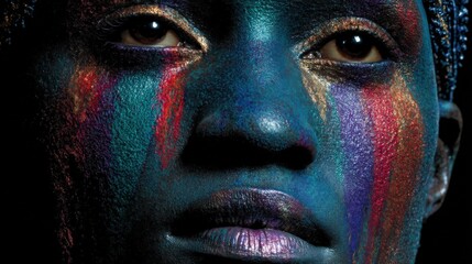 Stunning Close-Up of Multicolored Face Paint on Dark Skin Featuring Vibrant Fantasy Elements