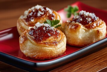 Freshly Baked Sweet Pastry with Jam and Sugar, Perfectly Glazed and Beautifully Presented on a Red Plate for Dessert Lovers and Food Photography Enthusiasts