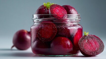 Pickled beets in glass jar, deep red hue, white surface, earthy flavor, minimalist still life, high-definition