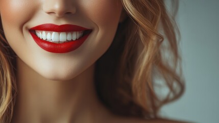 Confident Young Woman with Bold Red Lips and Bright Smile Showcasing Dental Health and Beauty