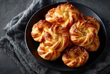 Freshly Baked Twisted Pastries on a Dark Slate Surface with Textured Cloth for Elegant Culinary Displays and Delicious Treats Photography