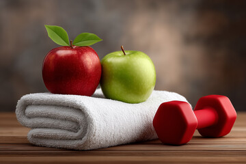 Red and green apples sit on a folded white towel next to a red dumbbell. Cozy interior with warm tones creates an inviting atmosphere. Concept of fitness, health, wellness