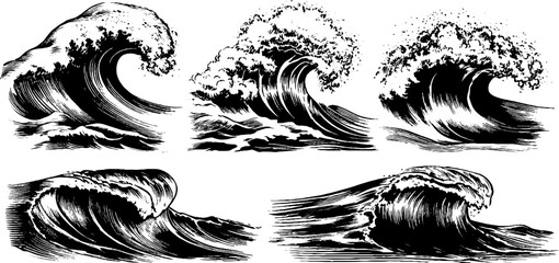 Fototapeta premium Vintage ocean waves and sea foam sketch set for design and decoration