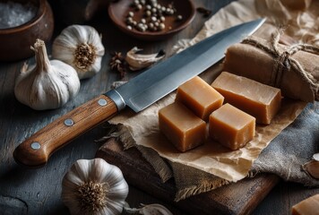 Freshly Cut Homemade Soap Bars with Kitchen Elements Including Garlic, Wooden Knife, and Spices for Artisan Craft Projects and Natural Products Display