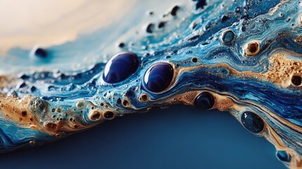Abstract Colorful Fluid Art with Blue and Gold Bubbles, Modern Artistic Background