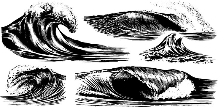 Vintage ocean waves and spiral water motion art for print and design