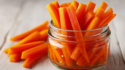 Pickled carrots in glass jar, orange sticks, white surface, crunchy texture, simple styling