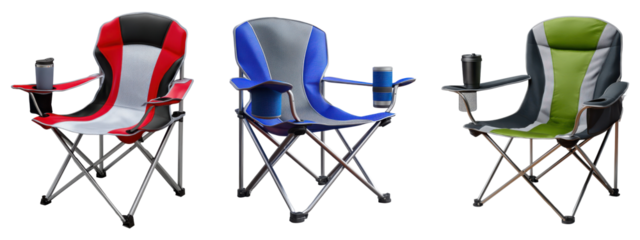 Colorful folding camping chairs with built-in cup holders