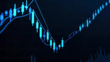 A close-up view of a financial chart displaying fluctuating market trends with blue candlestick patterns against a dark background, indicating trading activity - Powered by Adobe