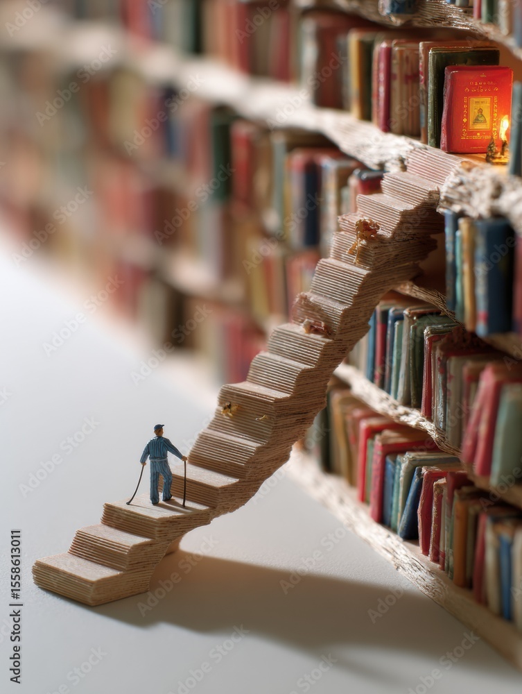 Poster library shelf transforms into stairs with figure climbing in a metaphor for reading month