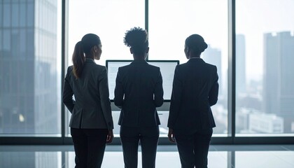 Business co-working scene with three diverse professionals looking at the same screen, silhouettes partially visible, solid light gray background