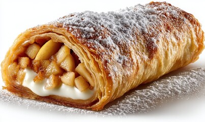 Golden and Flaky Apple Pastry with Sweet Filling and Dusting of Powdered Sugar on a White Background for Culinary and Baking Inspiration